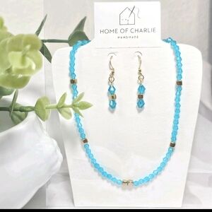 Blue Czech Crystal Beads Dainty Simple Minimalist  Necklace Earrings Jewelry Set